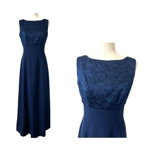 VTG 90s Navy Blue Prom Dress Minimalist Formal Maxi Wedding Guest Embroidered 8